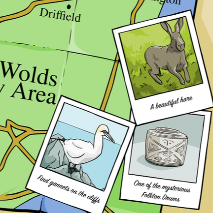Illustrated map with animals and artefacts