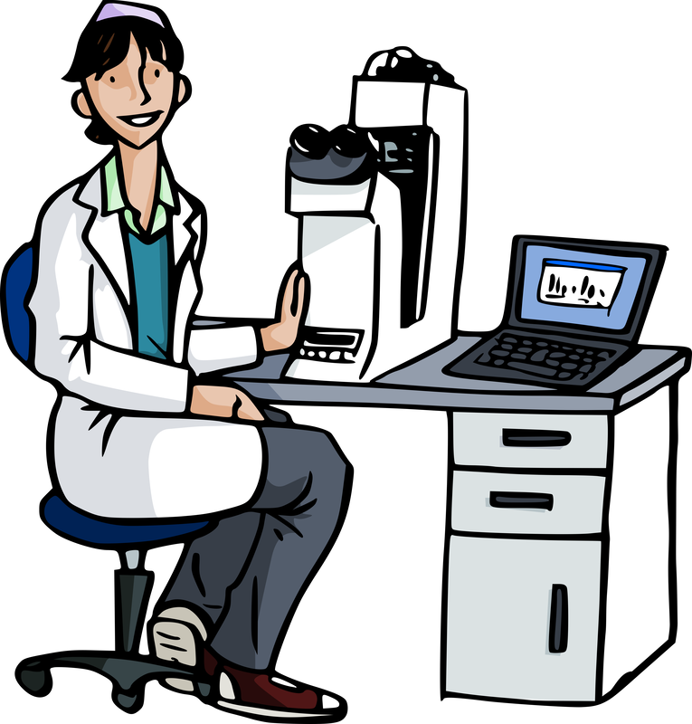 Cartoon of scientist at electron microscope