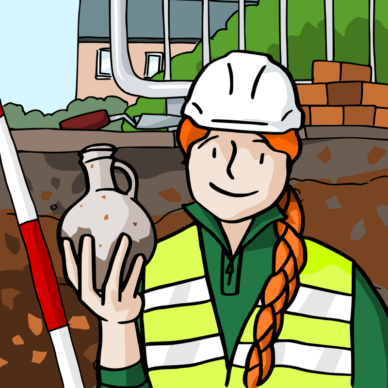 Cartoon of archaeologist holding roman pot at a dig site